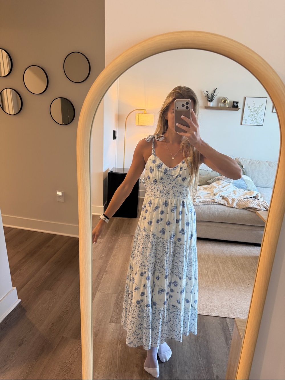 Women's White & Blue Floral Tie-Shoulder Midi Dress